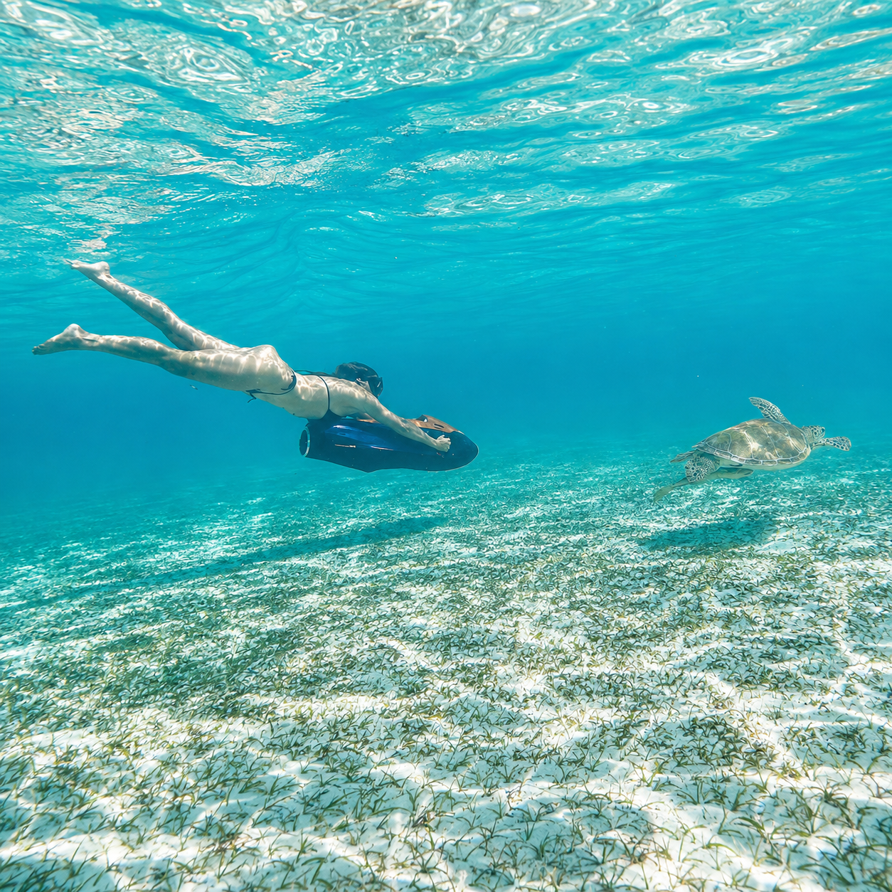 Snorkeler on a sea scooter gliding beside a green turtle