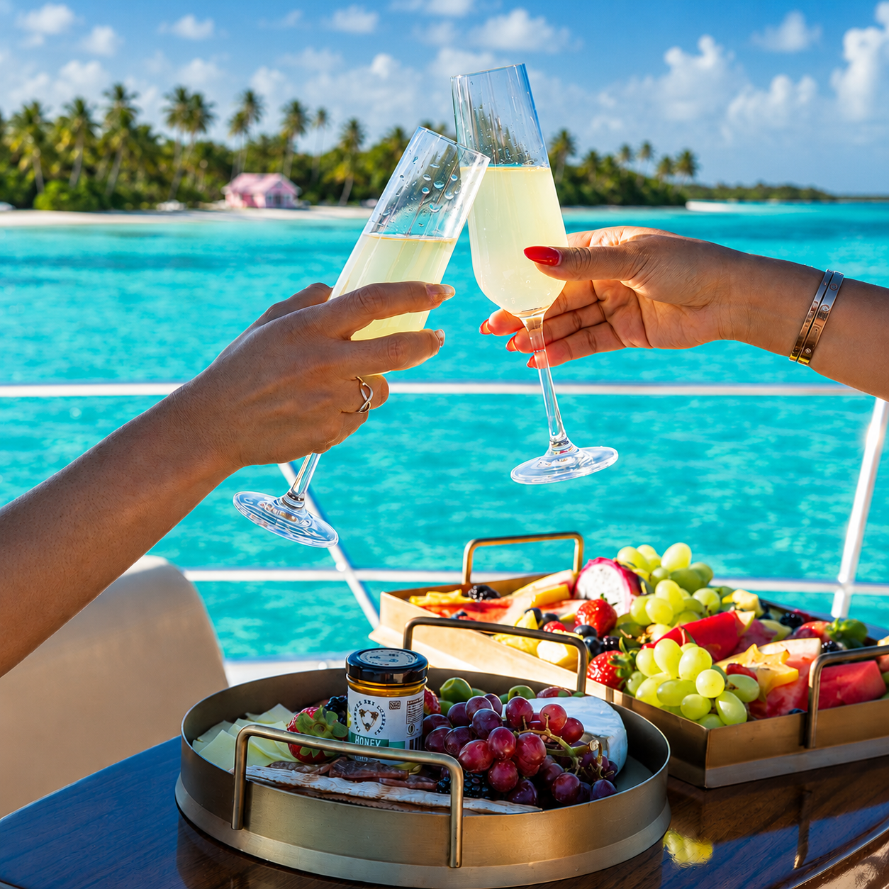 Champagne toast over a charcuterie and fruit spread on deck