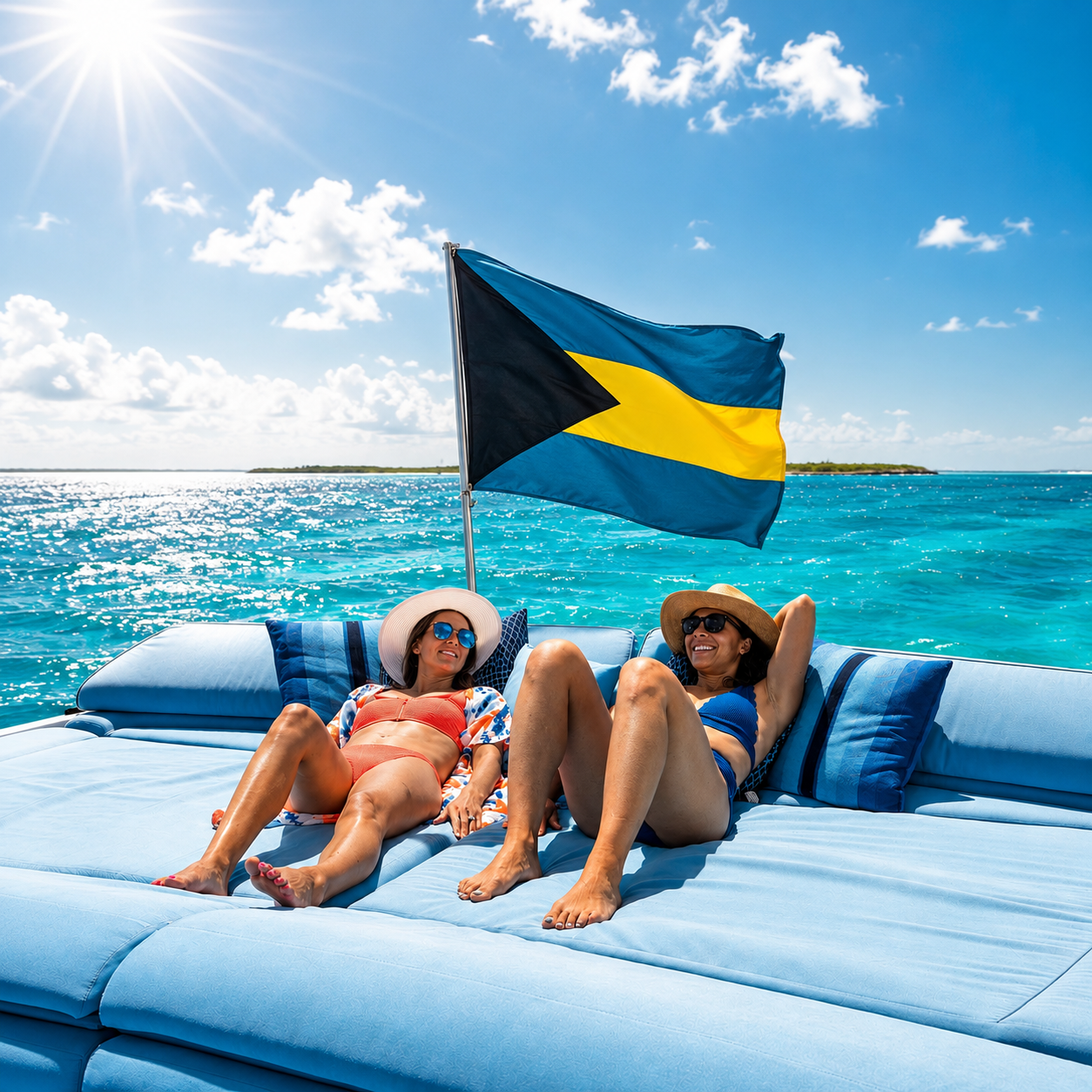 Guests sunbathing on a yacht sundeck beneath the Bahamian flag