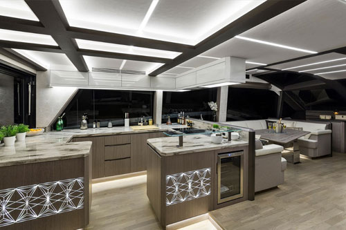 Motor Yacht Starting Over interior galley and lounge area